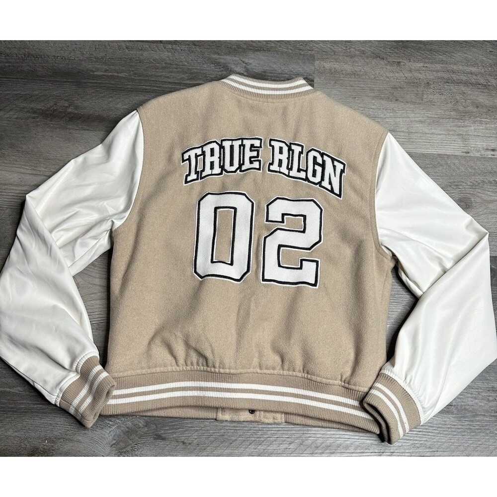 True Religion Women's Varsity Jacket Size S/P Small Petite Travertine Beige 02